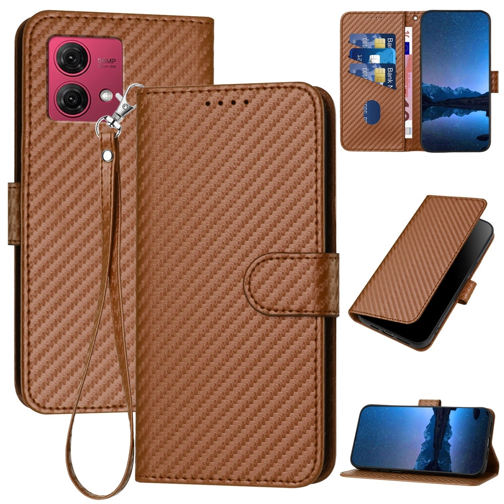 Motorola Moto G84 5G Carbon Fiber Buckle Leather Phone Case with Lanyard, PU Leather TPU Wallet Cover with Card Slot, Cash Compartment, Stand Function & Scratch Protection