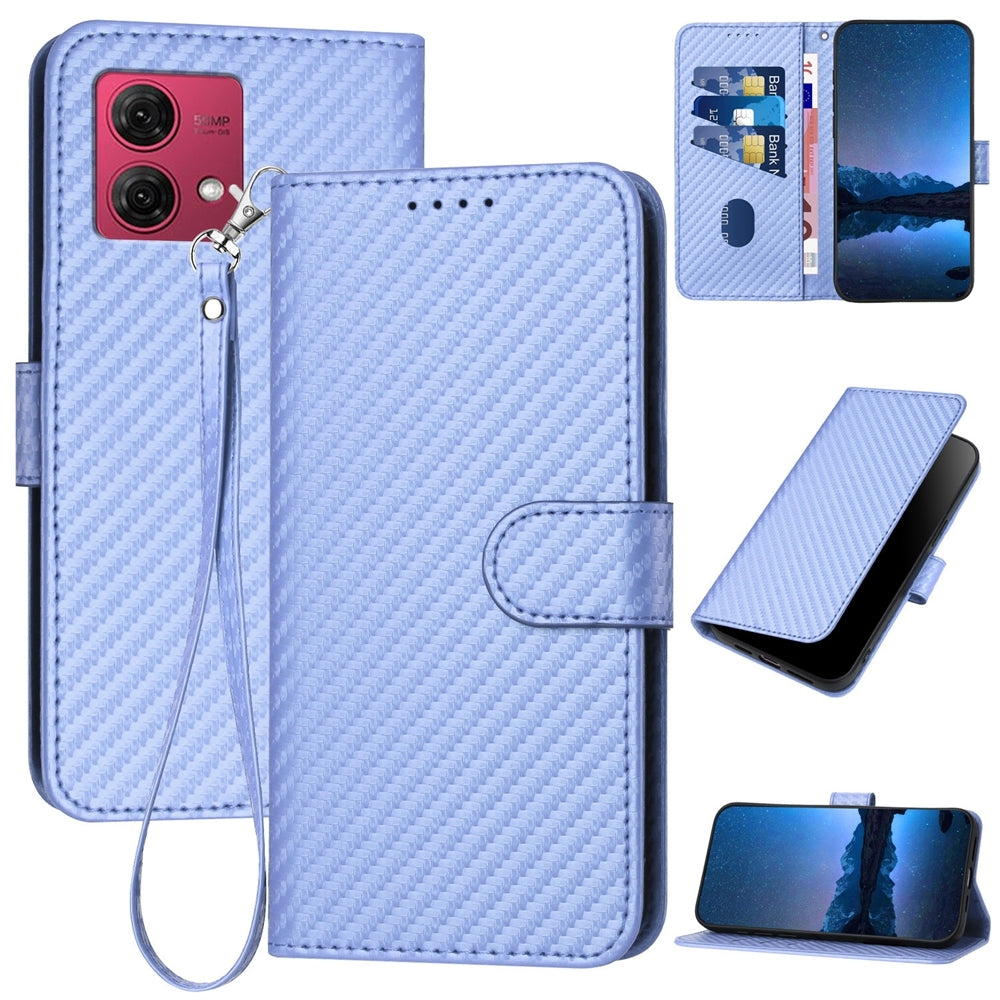 Motorola Moto G84 5G Carbon Fiber Buckle Leather Phone Case with Lanyard, PU Leather TPU Wallet Cover with Card Slot, Cash Compartment, Stand Function & Scratch Protection