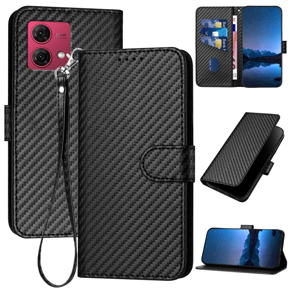 Motorola Moto G84 5G Carbon Fiber Buckle Leather Phone Case with Lanyard, PU Leather TPU Wallet Cover with Card Slot, Cash Compartment, Stand Function & Scratch Protection