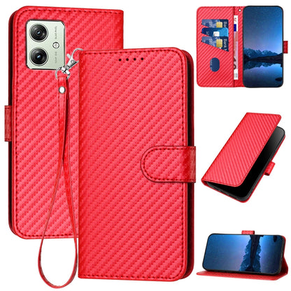 Motorola Moto G54 Power Carbon Fiber Buckle Leather Phone Case with Lanyard, PU Leather TPU Wallet Cover with Card Slot, Cash Compartment, Stand Function & Scratch Protection