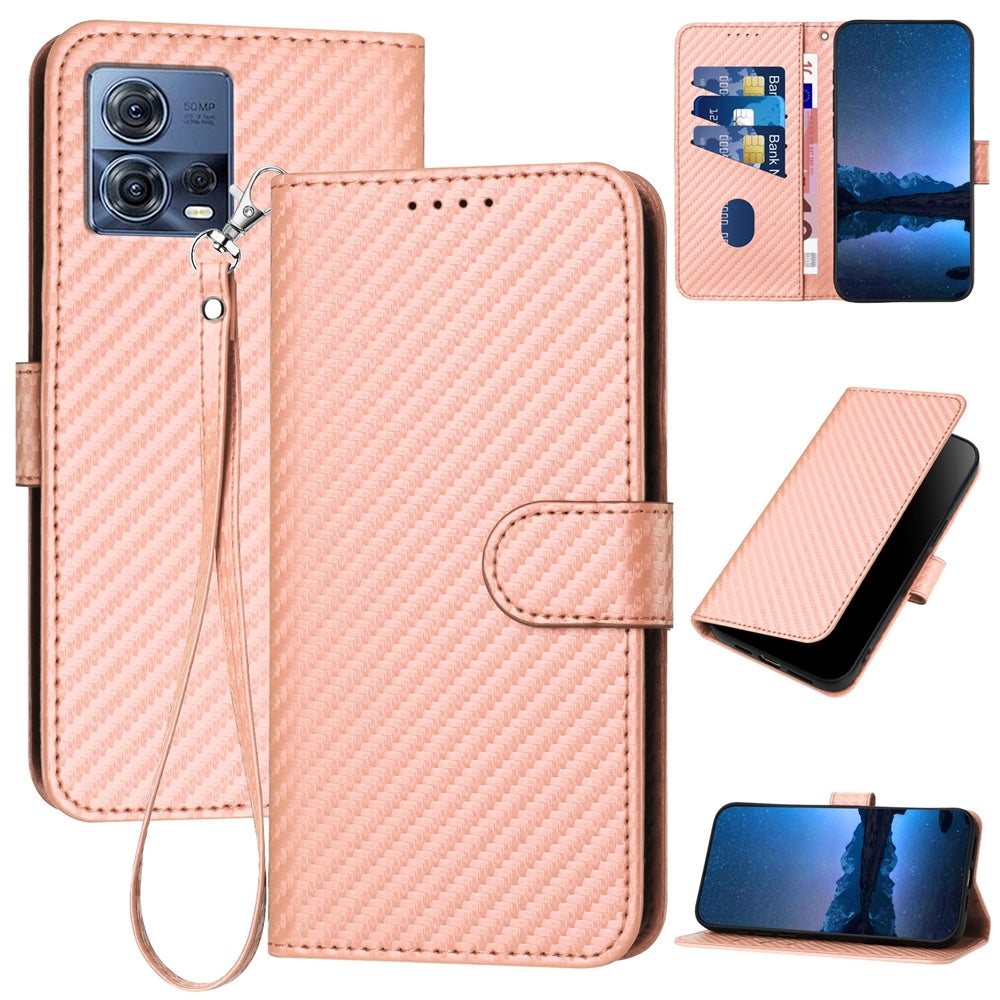 Motorola Edge 30 Fusion 5G Carbon Fiber Buckle Leather Phone Case with Lanyard, PU Leather TPU Wallet Cover with Card Slot, Cash Compartment, Stand Function & Scratch Protection