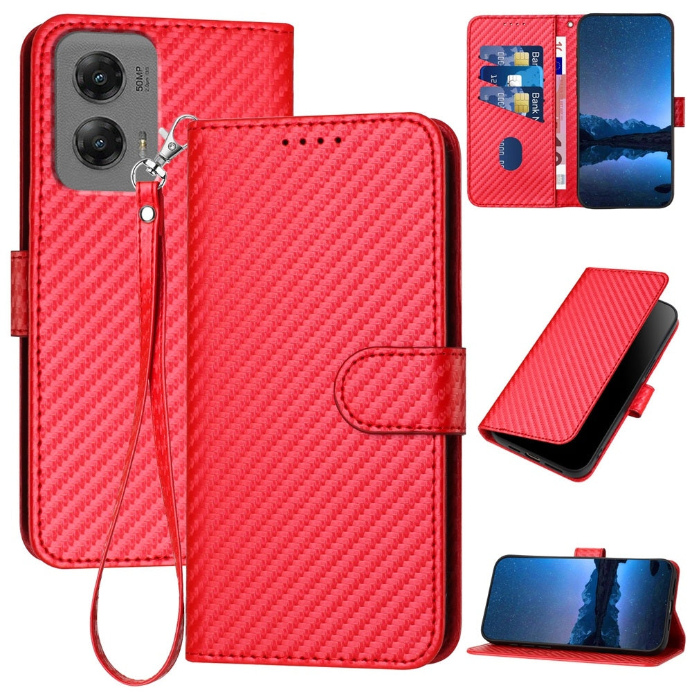 Motorola Moto G Stylus 5G 2024 Carbon Fiber Buckle Leather Phone Case with Lanyard, PU Leather TPU Wallet Cover with Card Slot, Cash Compartment, Stand Function & Scratch Protection