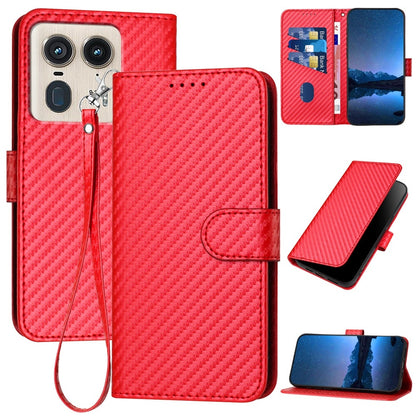 Motorola Moto X50 Ultra Carbon Fiber Buckle Leather Phone Case with Lanyard, PU Leather TPU Wallet Cover with Card Slot, Cash Compartment, Stand Function & Scratch Protection