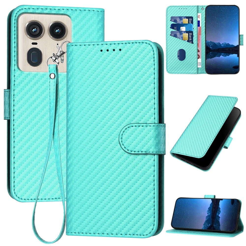 Motorola Moto X50 Ultra Carbon Fiber Buckle Leather Phone Case with Lanyard, PU Leather TPU Wallet Cover with Card Slot, Cash Compartment, Stand Function & Scratch Protection