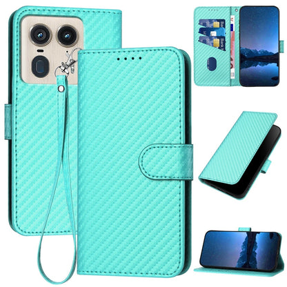 Motorola Moto X50 Ultra Carbon Fiber Buckle Leather Phone Case with Lanyard, PU Leather TPU Wallet Cover with Card Slot, Cash Compartment, Stand Function & Scratch Protection