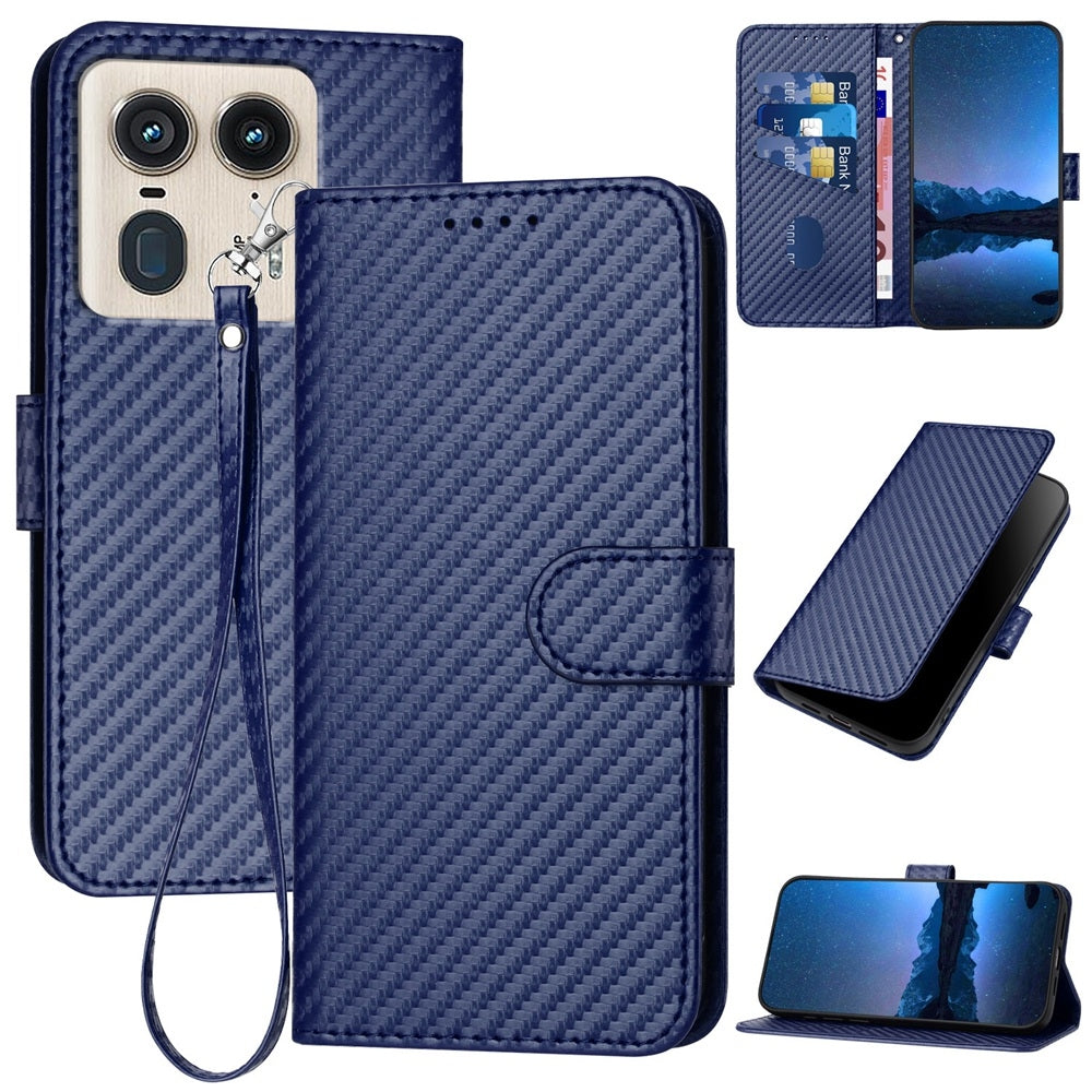 Motorola Moto X50 Ultra Carbon Fiber Buckle Leather Phone Case with Lanyard, PU Leather TPU Wallet Cover with Card Slot, Cash Compartment, Stand Function & Scratch Protection