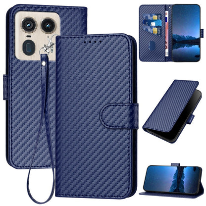 Motorola Moto X50 Ultra Carbon Fiber Buckle Leather Phone Case with Lanyard, PU Leather TPU Wallet Cover with Card Slot, Cash Compartment, Stand Function & Scratch Protection