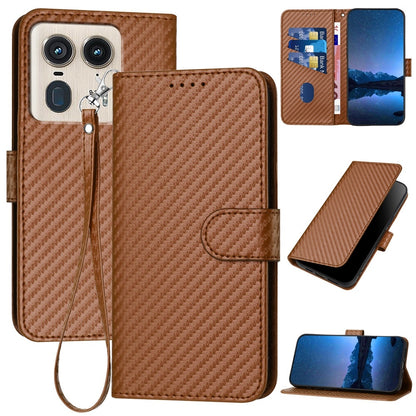 Motorola Moto X50 Ultra Carbon Fiber Buckle Leather Phone Case with Lanyard, PU Leather TPU Wallet Cover with Card Slot, Cash Compartment, Stand Function & Scratch Protection
