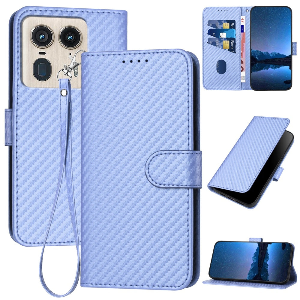 Motorola Moto X50 Ultra Carbon Fiber Buckle Leather Phone Case with Lanyard, PU Leather TPU Wallet Cover with Card Slot, Cash Compartment, Stand Function & Scratch Protection