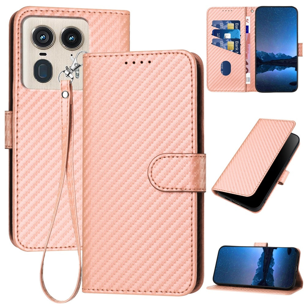 Motorola Moto X50 Ultra Carbon Fiber Buckle Leather Phone Case with Lanyard, PU Leather TPU Wallet Cover with Card Slot, Cash Compartment, Stand Function & Scratch Protection