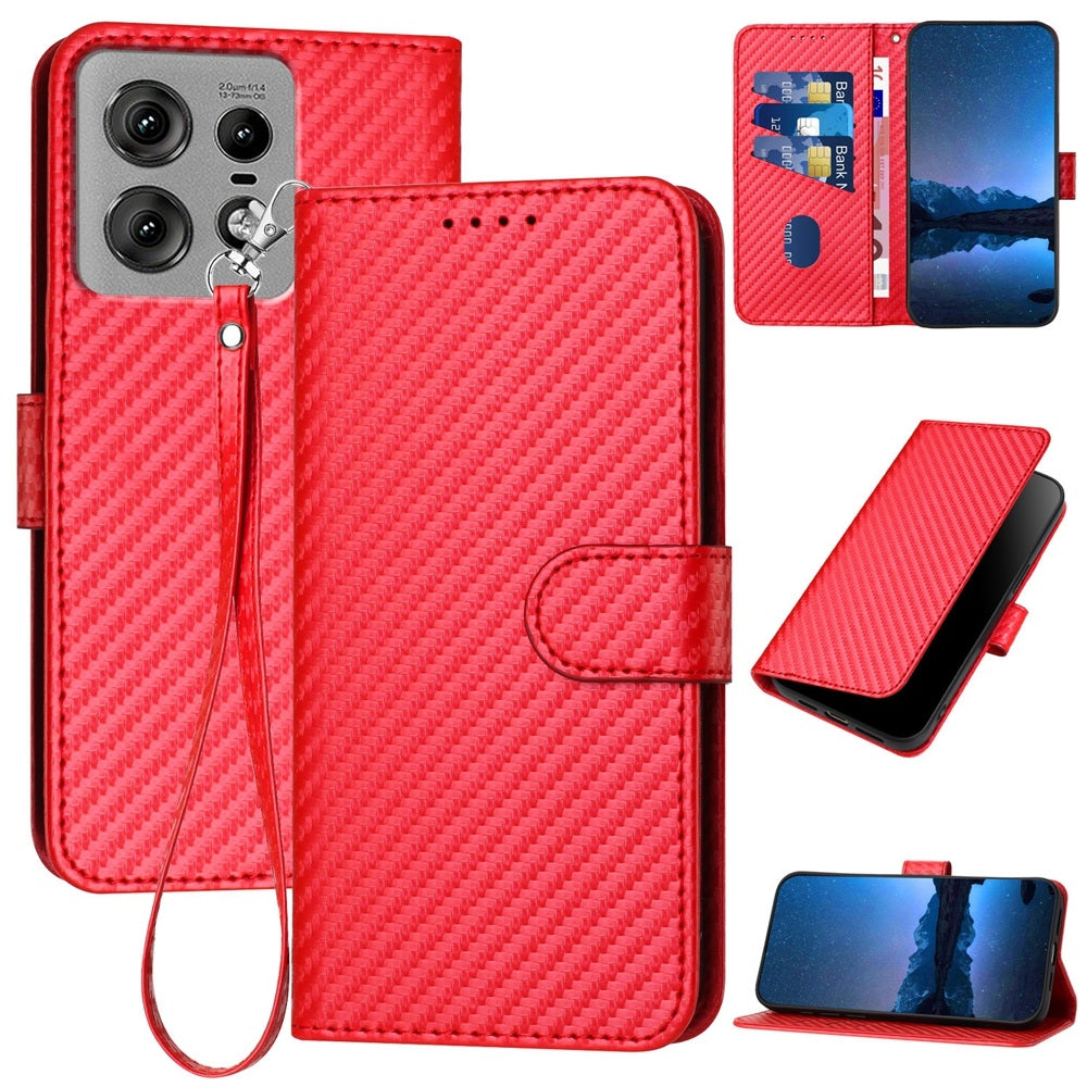 Motorola Edge 50 Pro Carbon Fiber Buckle Leather Phone Case with Lanyard, PU Leather TPU Wallet Cover with Card Slot, Cash Compartment, Stand Function & Scratch Protection