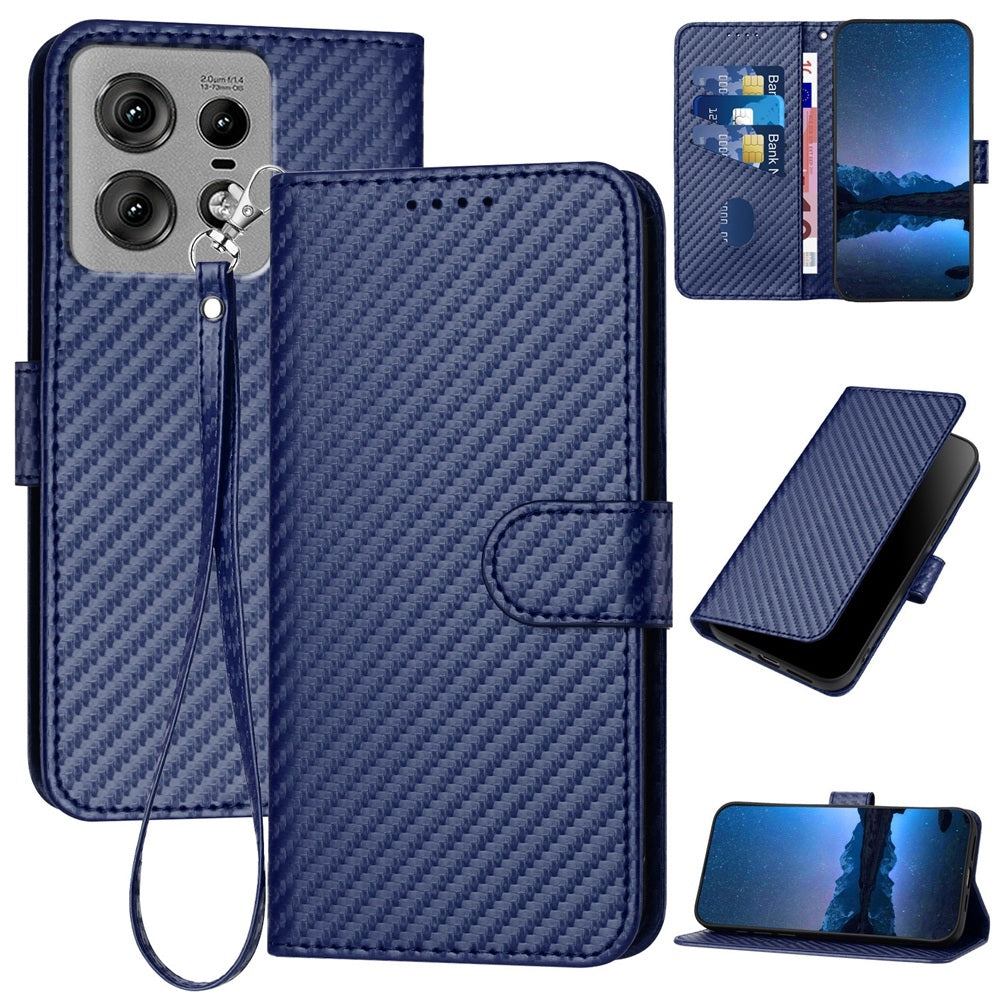 Motorola Edge 50 Pro Carbon Fiber Buckle Leather Phone Case with Lanyard, PU Leather TPU Wallet Cover with Card Slot, Cash Compartment, Stand Function & Scratch Protection