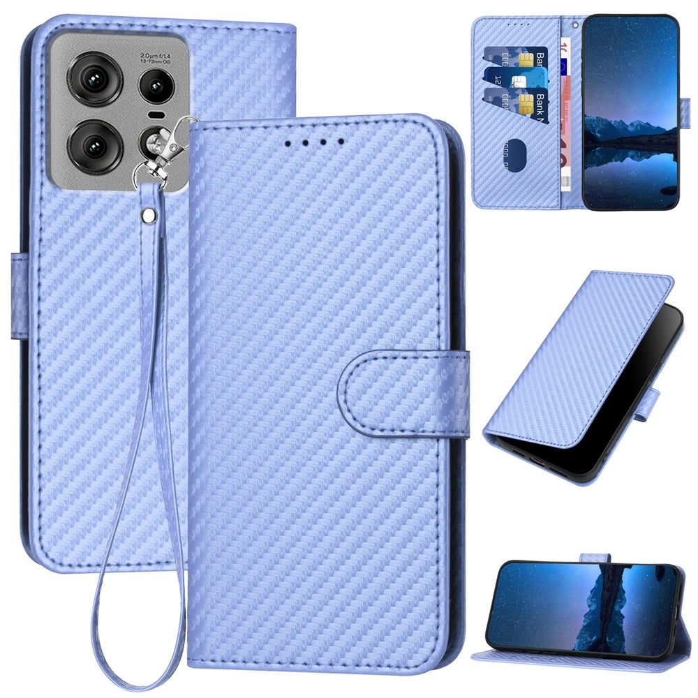 Motorola Edge 50 Pro Carbon Fiber Buckle Leather Phone Case with Lanyard, PU Leather TPU Wallet Cover with Card Slot, Cash Compartment, Stand Function & Scratch Protection