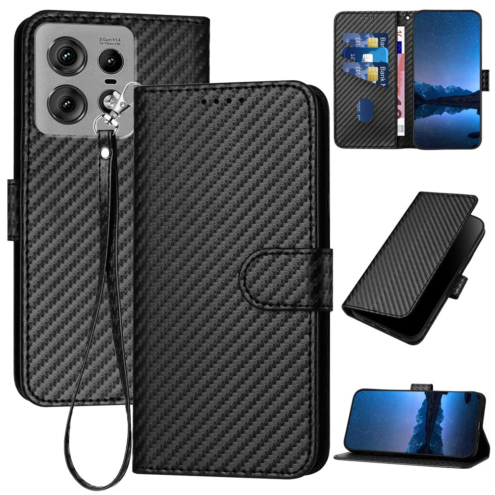 Motorola Edge 50 Pro Carbon Fiber Buckle Leather Phone Case with Lanyard, PU Leather TPU Wallet Cover with Card Slot, Cash Compartment, Stand Function & Scratch Protection