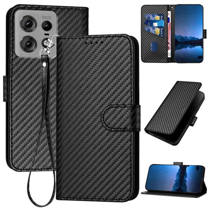 Motorola Edge 50 Pro Carbon Fiber Buckle Leather Phone Case with Lanyard, PU Leather TPU Wallet Cover with Card Slot, Cash Compartment, Stand Function & Scratch Protection