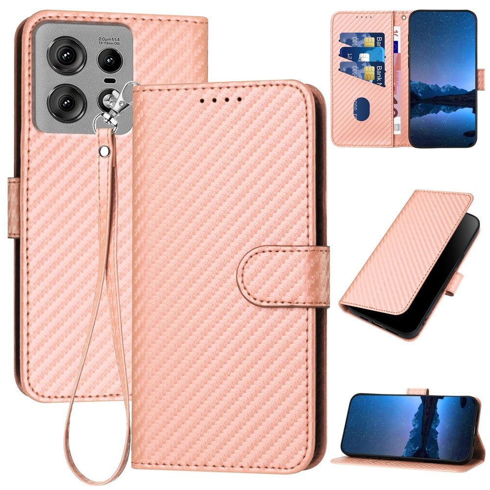 Motorola Edge 50 Pro Carbon Fiber Buckle Leather Phone Case with Lanyard, PU Leather TPU Wallet Cover with Card Slot, Cash Compartment, Stand Function & Scratch Protection
