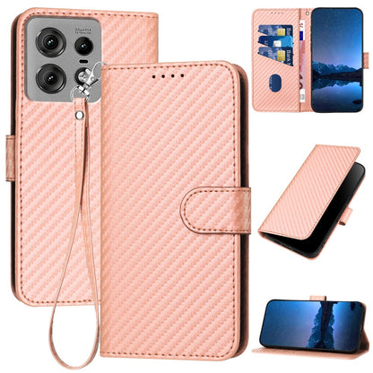 Motorola Edge 50 Pro Carbon Fiber Buckle Leather Phone Case with Lanyard, PU Leather TPU Wallet Cover with Card Slot, Cash Compartment, Stand Function & Scratch Protection