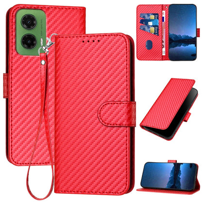 Motorola Moto G35 Carbon Fiber Buckle Leather Phone Case with Lanyard, PU Leather TPU Wallet Cover with Card Slot, Cash Compartment, Stand Function & Scratch Protection