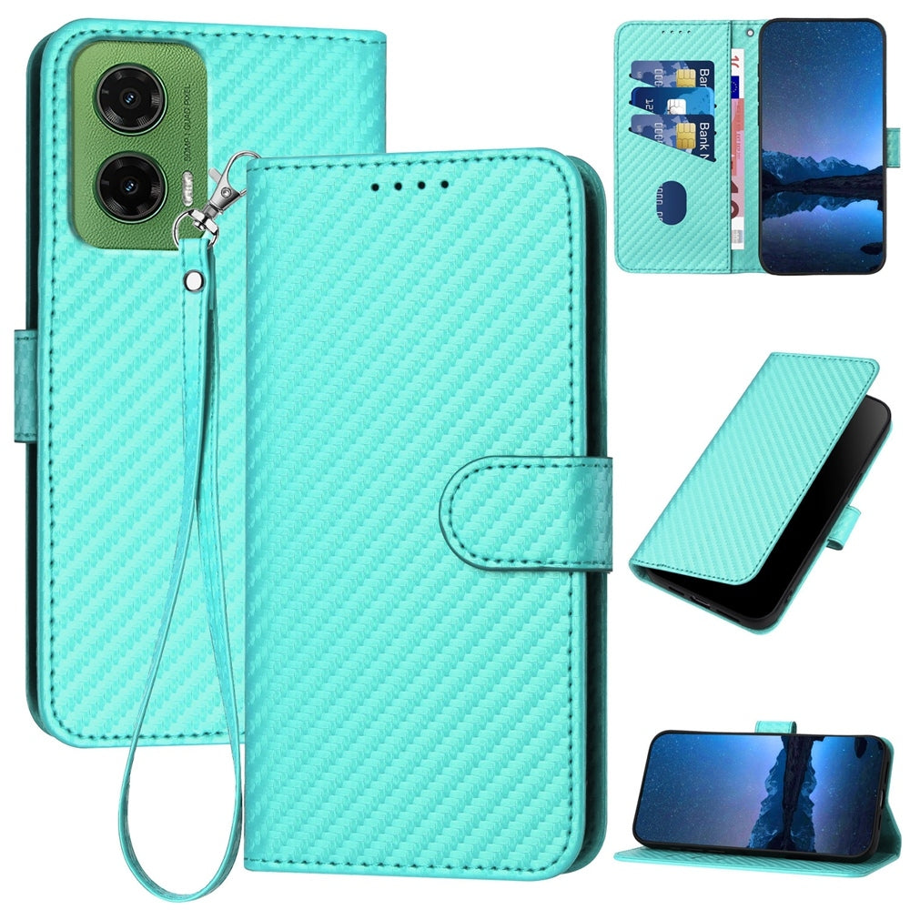 Motorola Moto G35 Carbon Fiber Buckle Leather Phone Case with Lanyard, PU Leather TPU Wallet Cover with Card Slot, Cash Compartment, Stand Function & Scratch Protection
