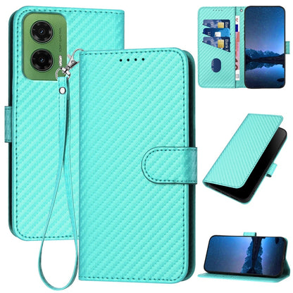 Motorola Moto G35 Carbon Fiber Buckle Leather Phone Case with Lanyard, PU Leather TPU Wallet Cover with Card Slot, Cash Compartment, Stand Function & Scratch Protection