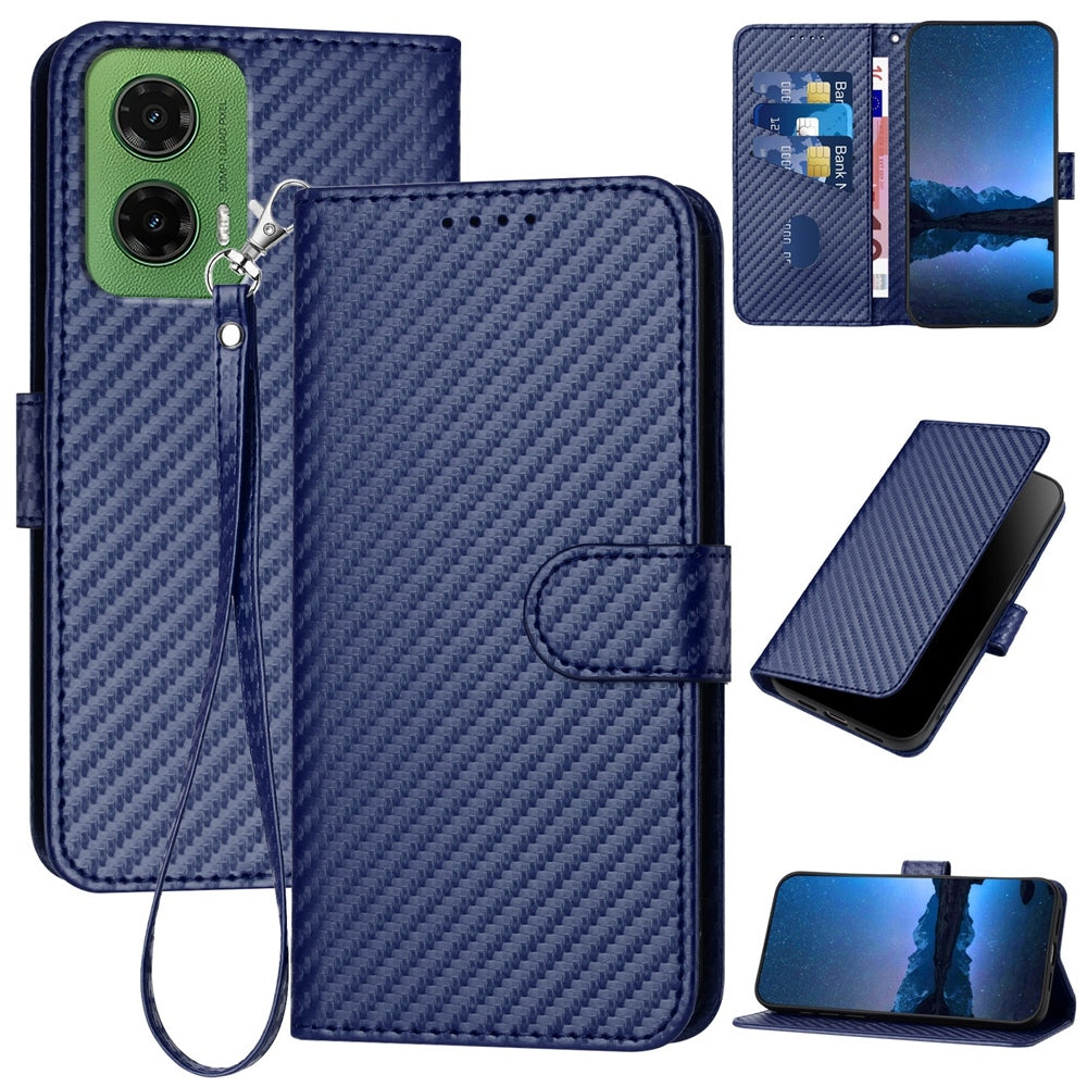Motorola Moto G35 Carbon Fiber Buckle Leather Phone Case with Lanyard, PU Leather TPU Wallet Cover with Card Slot, Cash Compartment, Stand Function & Scratch Protection