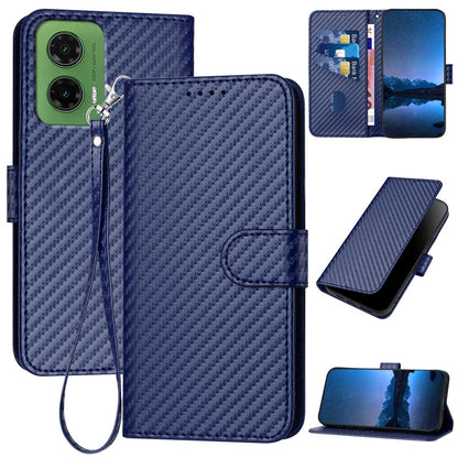 Motorola Moto G35 Carbon Fiber Buckle Leather Phone Case with Lanyard, PU Leather TPU Wallet Cover with Card Slot, Cash Compartment, Stand Function & Scratch Protection