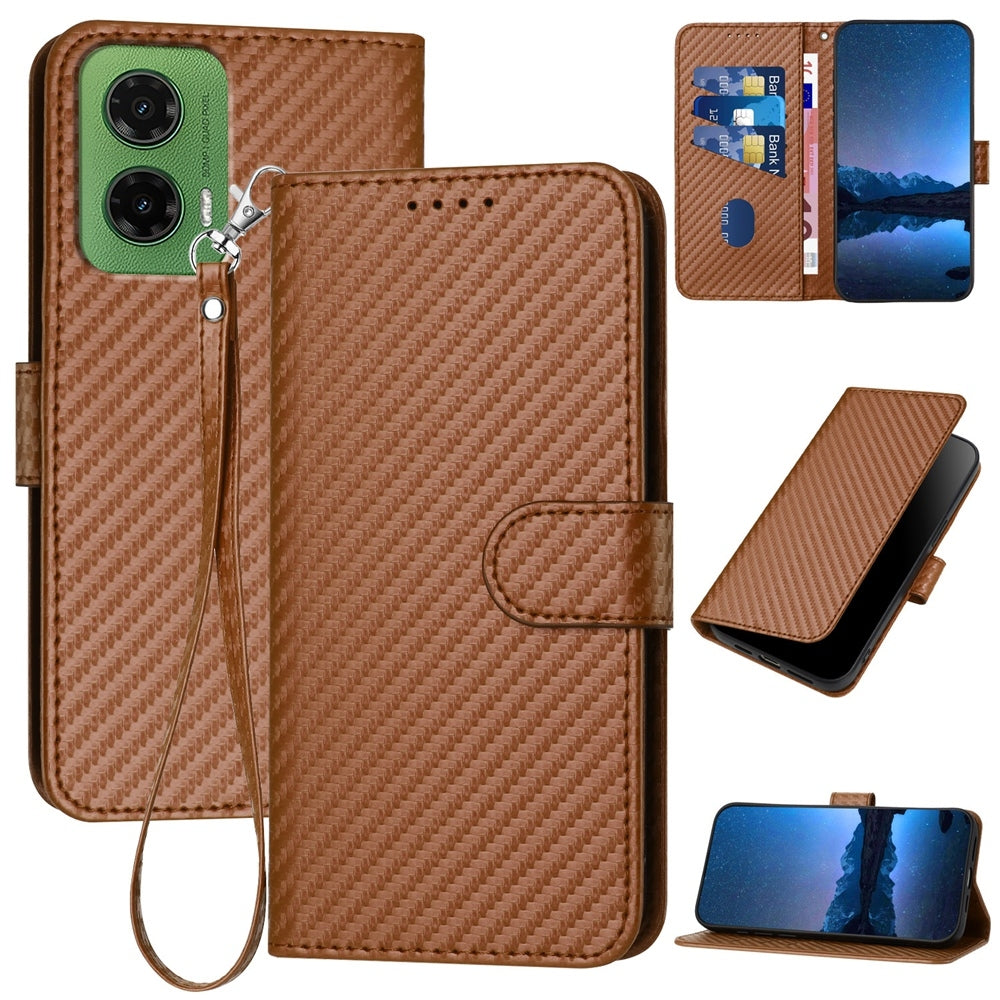 Motorola Moto G35 Carbon Fiber Buckle Leather Phone Case with Lanyard, PU Leather TPU Wallet Cover with Card Slot, Cash Compartment, Stand Function & Scratch Protection