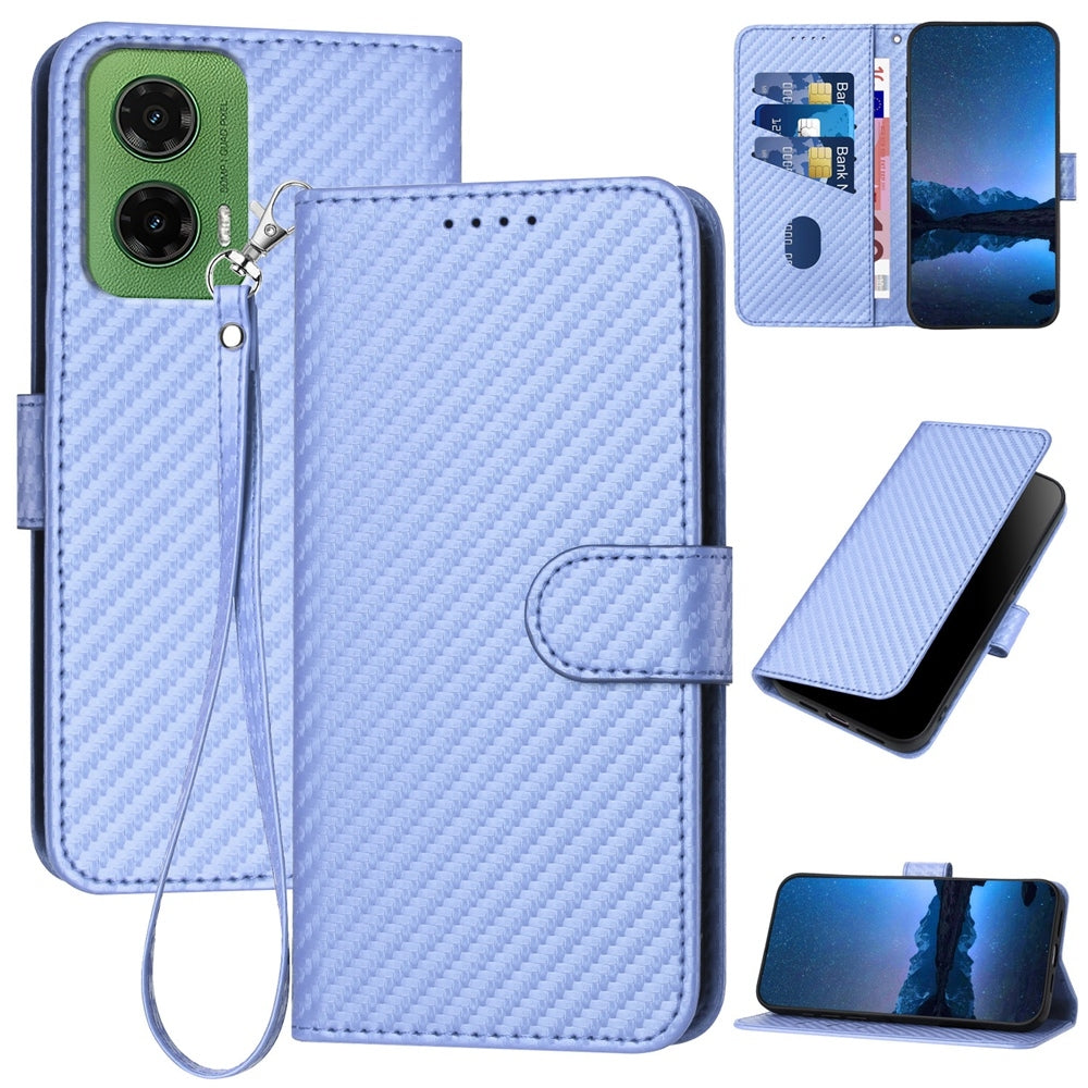 Motorola Moto G35 Carbon Fiber Buckle Leather Phone Case with Lanyard, PU Leather TPU Wallet Cover with Card Slot, Cash Compartment, Stand Function & Scratch Protection