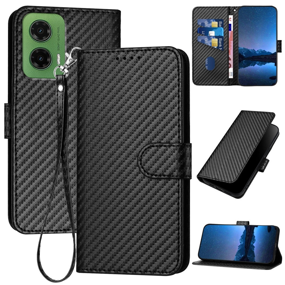 Motorola Moto G35 Carbon Fiber Buckle Leather Phone Case with Lanyard, PU Leather TPU Wallet Cover with Card Slot, Cash Compartment, Stand Function & Scratch Protection