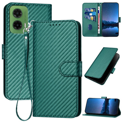 Motorola Moto G35 Carbon Fiber Buckle Leather Phone Case with Lanyard, PU Leather TPU Wallet Cover with Card Slot, Cash Compartment, Stand Function & Scratch Protection