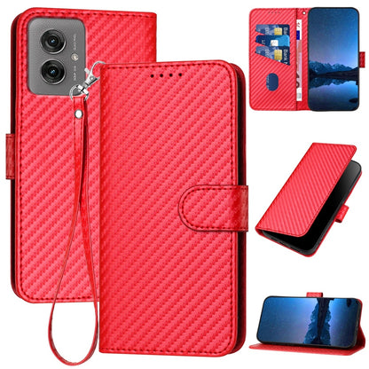 Motorola Moto G55 Carbon Fiber Buckle Leather Phone Case with Lanyard, PU Leather TPU Wallet Cover with Card Slot, Cash Compartment, Stand Function & Scratch Protection