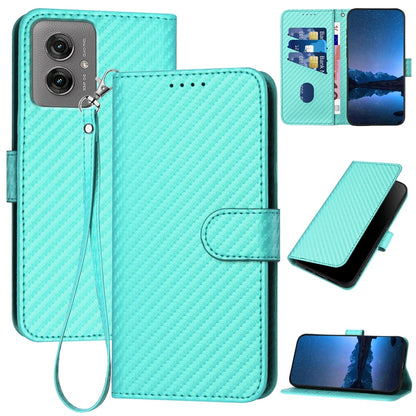 Motorola Moto G55 Carbon Fiber Buckle Leather Phone Case with Lanyard, PU Leather TPU Wallet Cover with Card Slot, Cash Compartment, Stand Function & Scratch Protection