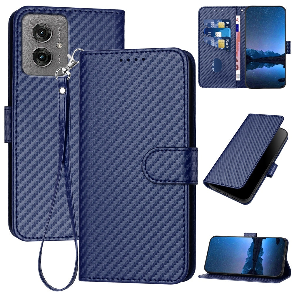 Motorola Moto G55 Carbon Fiber Buckle Leather Phone Case with Lanyard, PU Leather TPU Wallet Cover with Card Slot, Cash Compartment, Stand Function & Scratch Protection