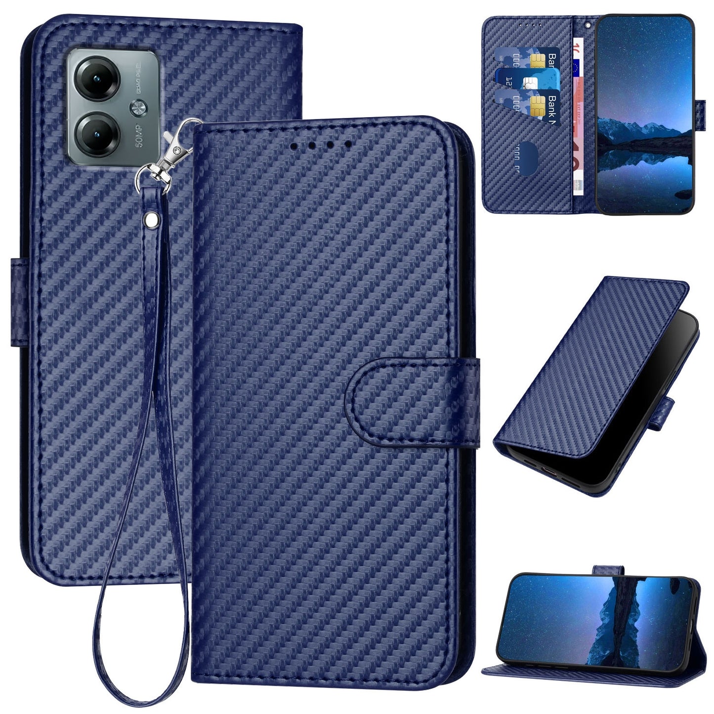 Motorola Moto G Play 2025 Carbon Fiber Buckle Leather Phone Case with Lanyard, PU Leather TPU Wallet Cover with Card Slot, Cash Compartment, Stand Function & Scratch Protection