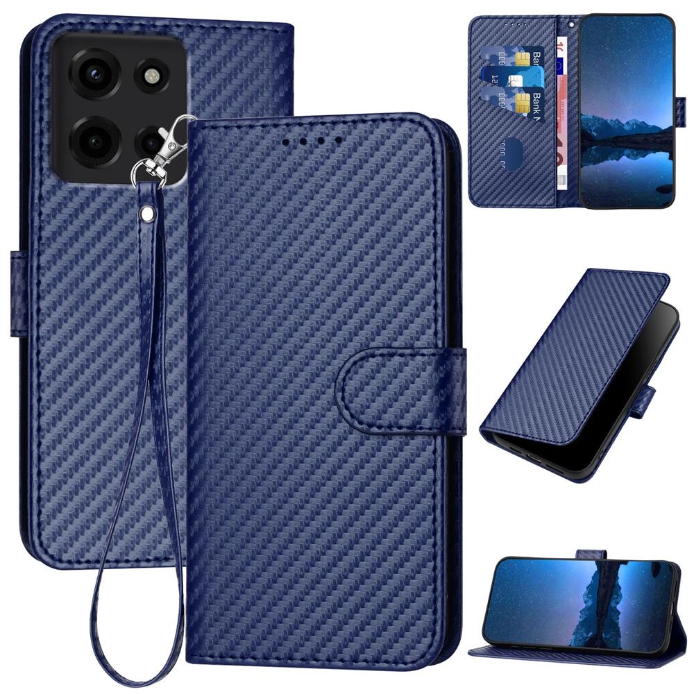 Motorola Moto G 2025 Carbon Fiber Buckle Leather Phone Case with Lanyard, PU Leather TPU Wallet Cover with Card Slot, Cash Compartment, Stand Function & Scratch Protection