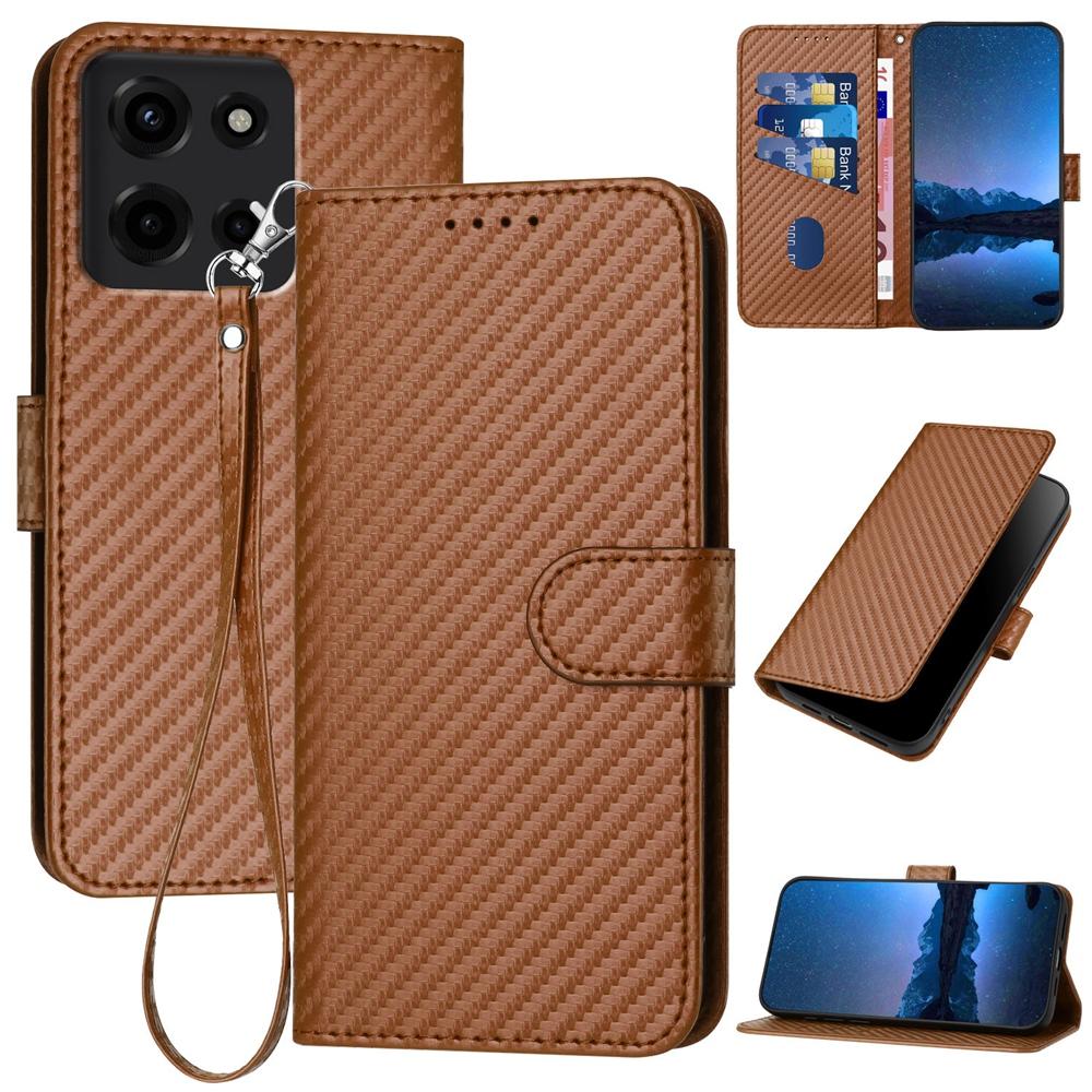 Motorola Moto G 2025 Carbon Fiber Buckle Leather Phone Case with Lanyard, PU Leather TPU Wallet Cover with Card Slot, Cash Compartment, Stand Function & Scratch Protection