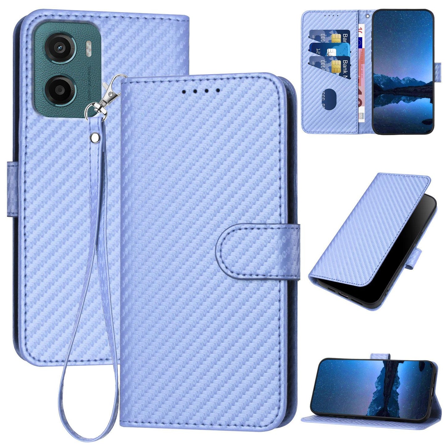 Motorola Moto G05 Carbon Fiber Buckle Leather Phone Case with Lanyard, PU Leather TPU Wallet Cover with Card Slot, Cash Compartment, Stand Function & Scratch Protection