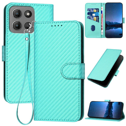 Motorola Moto G15 Carbon Fiber Buckle Leather Phone Case with Lanyard, PU Leather TPU Wallet Cover with Card Slot, Cash Compartment, Stand Function & Scratch Protection