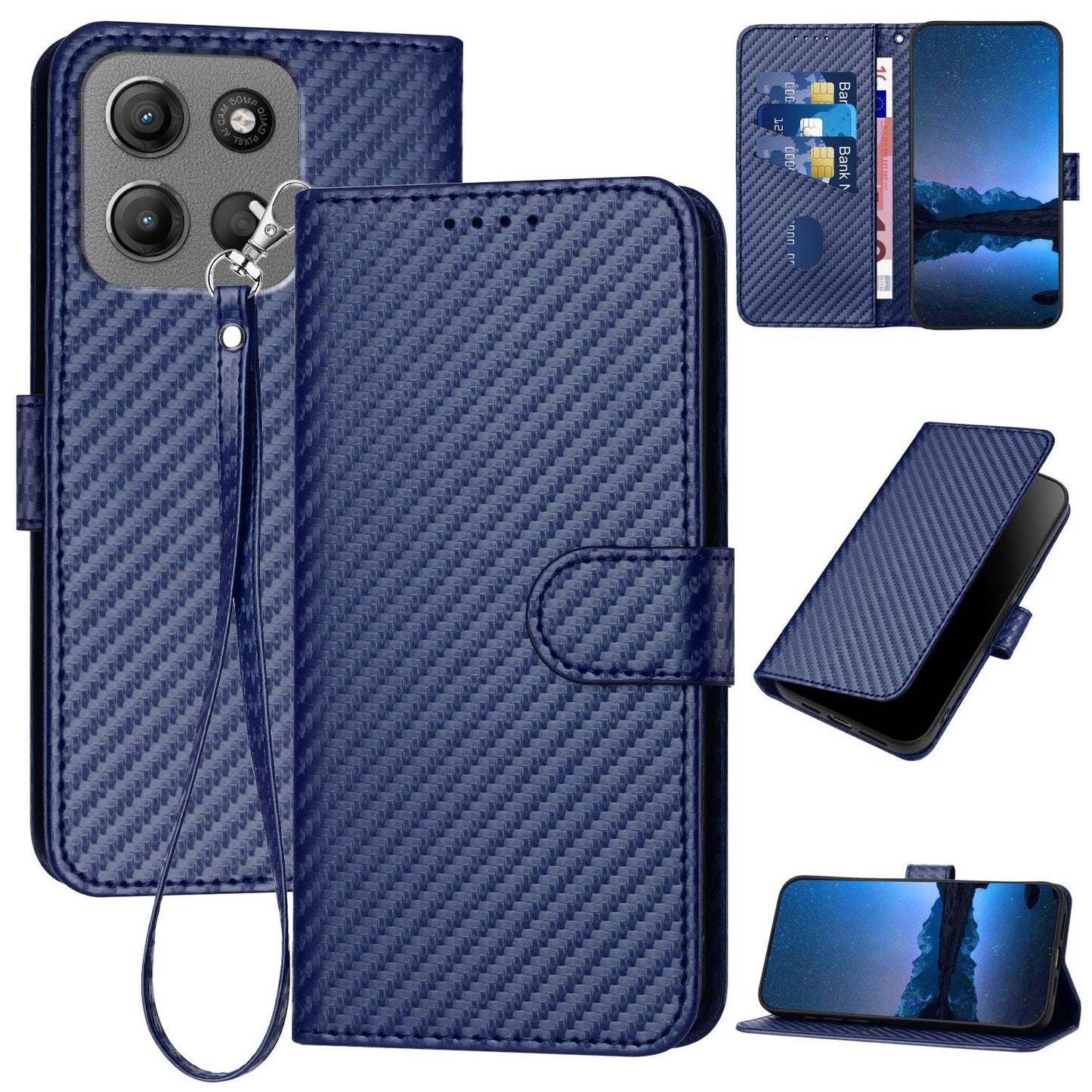 Motorola Moto G15 Carbon Fiber Buckle Leather Phone Case with Lanyard, PU Leather TPU Wallet Cover with Card Slot, Cash Compartment, Stand Function & Scratch Protection