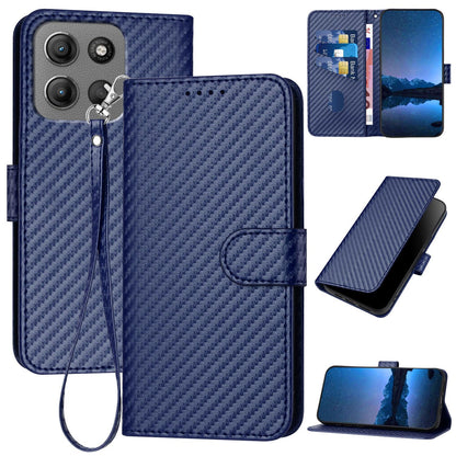 Motorola Moto G15 Carbon Fiber Buckle Leather Phone Case with Lanyard, PU Leather TPU Wallet Cover with Card Slot, Cash Compartment, Stand Function & Scratch Protection