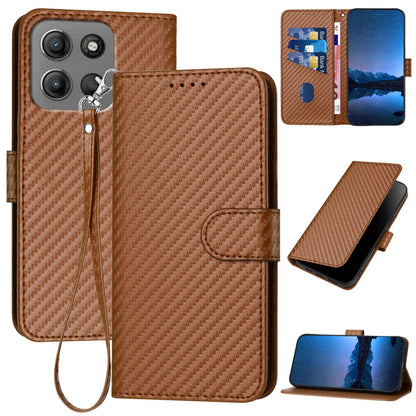 Motorola Moto G15 Carbon Fiber Buckle Leather Phone Case with Lanyard, PU Leather TPU Wallet Cover with Card Slot, Cash Compartment, Stand Function & Scratch Protection