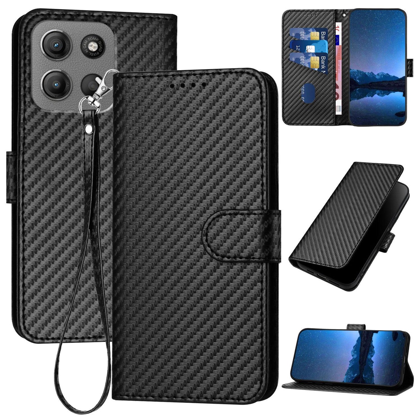 Motorola Moto G15 Carbon Fiber Buckle Leather Phone Case with Lanyard, PU Leather TPU Wallet Cover with Card Slot, Cash Compartment, Stand Function & Scratch Protection