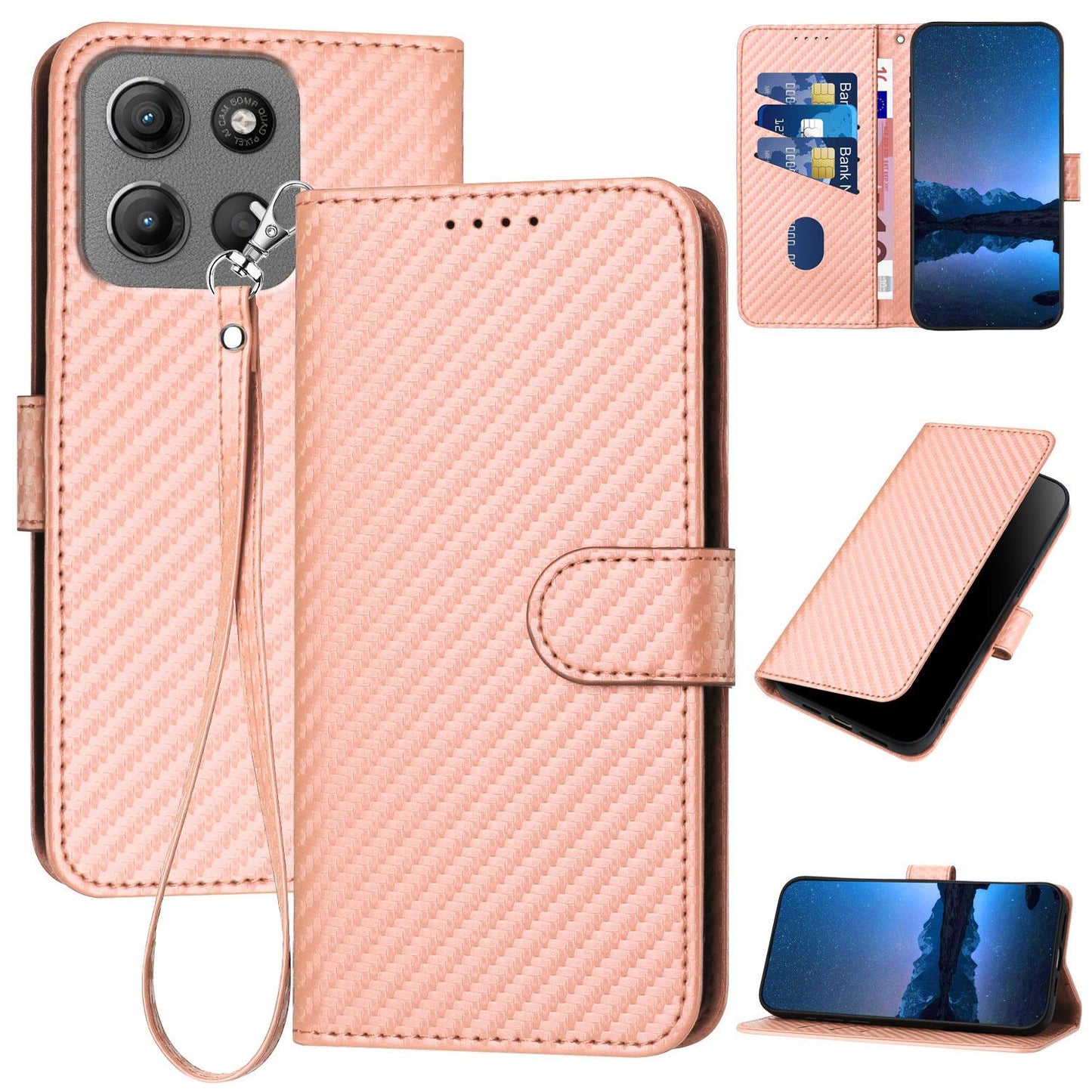 Motorola Moto G15 Carbon Fiber Buckle Leather Phone Case with Lanyard, PU Leather TPU Wallet Cover with Card Slot, Cash Compartment, Stand Function & Scratch Protection
