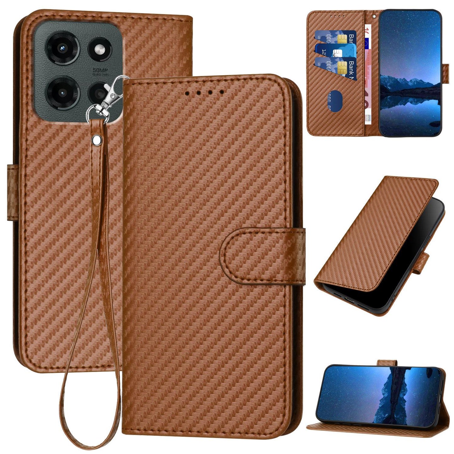 Motorola Moto G Stylus 5G 2025 Carbon Fiber Buckle Leather Phone Case with Lanyard, PU Leather TPU Wallet Cover with Card Slot, Cash Compartment, Stand Function & Scratch Protection