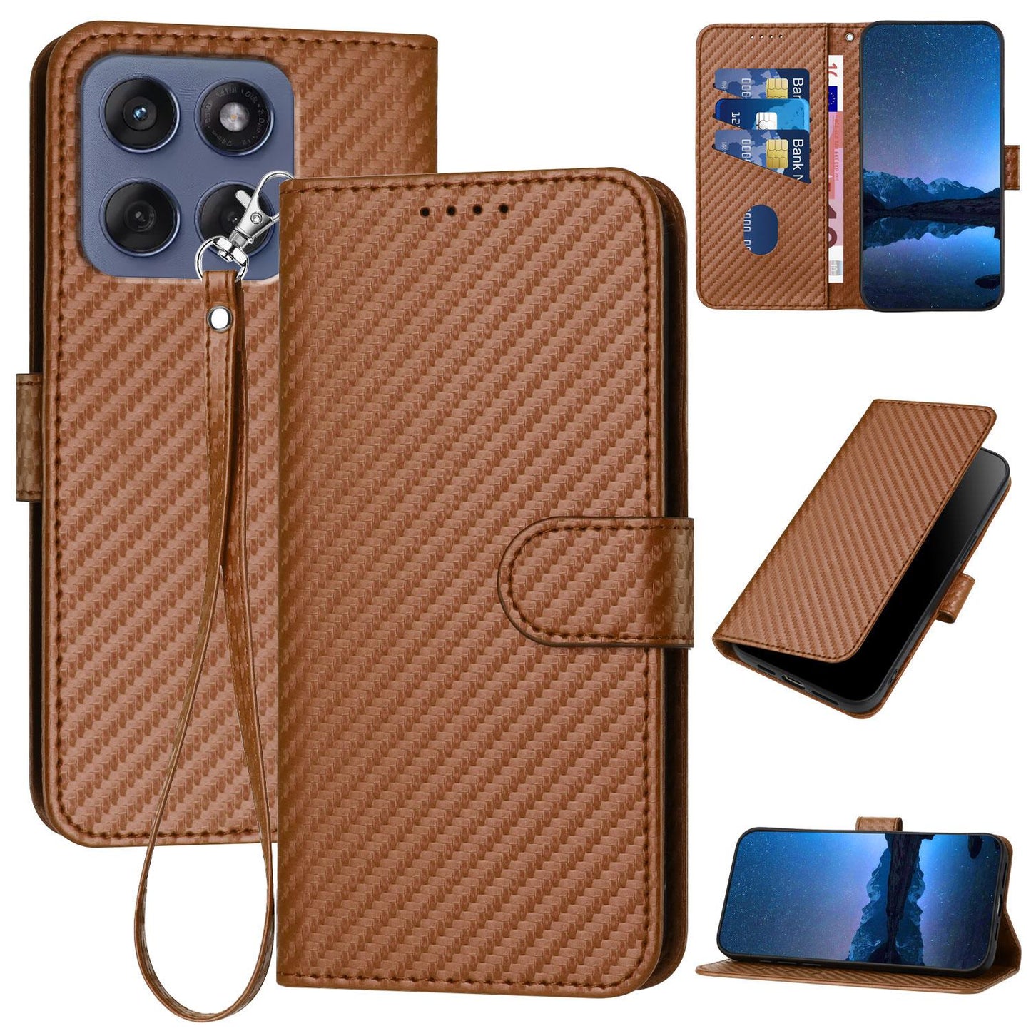 Motorola Edge 5G 2025 Carbon Fiber Buckle Leather Phone Case with Lanyard, PU Leather TPU Wallet Cover with Card Slot, Cash Compartment, Stand Function & Scratch Protection