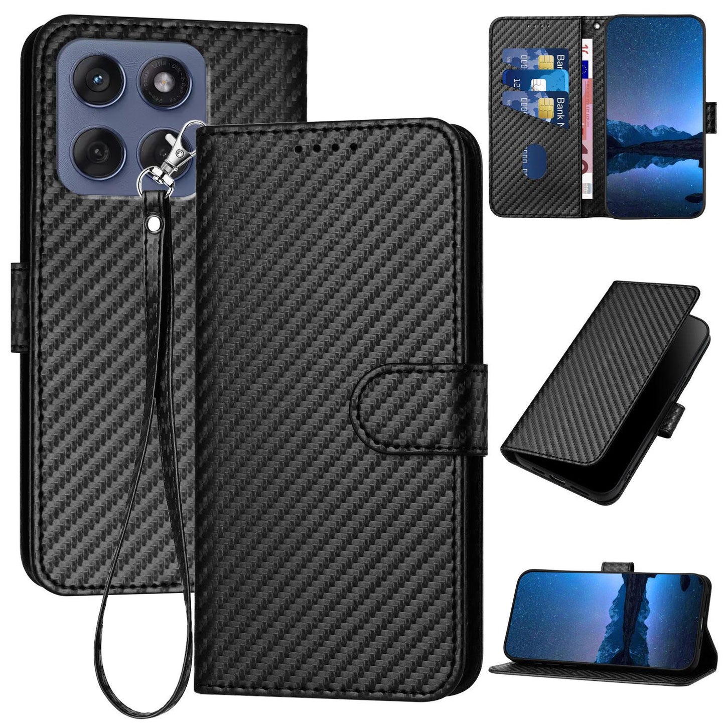 Motorola Edge 5G 2025 Carbon Fiber Buckle Leather Phone Case with Lanyard, PU Leather TPU Wallet Cover with Card Slot, Cash Compartment, Stand Function & Scratch Protection