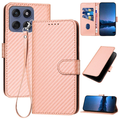 Motorola Edge 60 Fusion Carbon Fiber Buckle Leather Phone Case with Lanyard, PU Leather TPU Wallet Cover with Card Slot, Cash Compartment, Stand Function & Scratch Protection