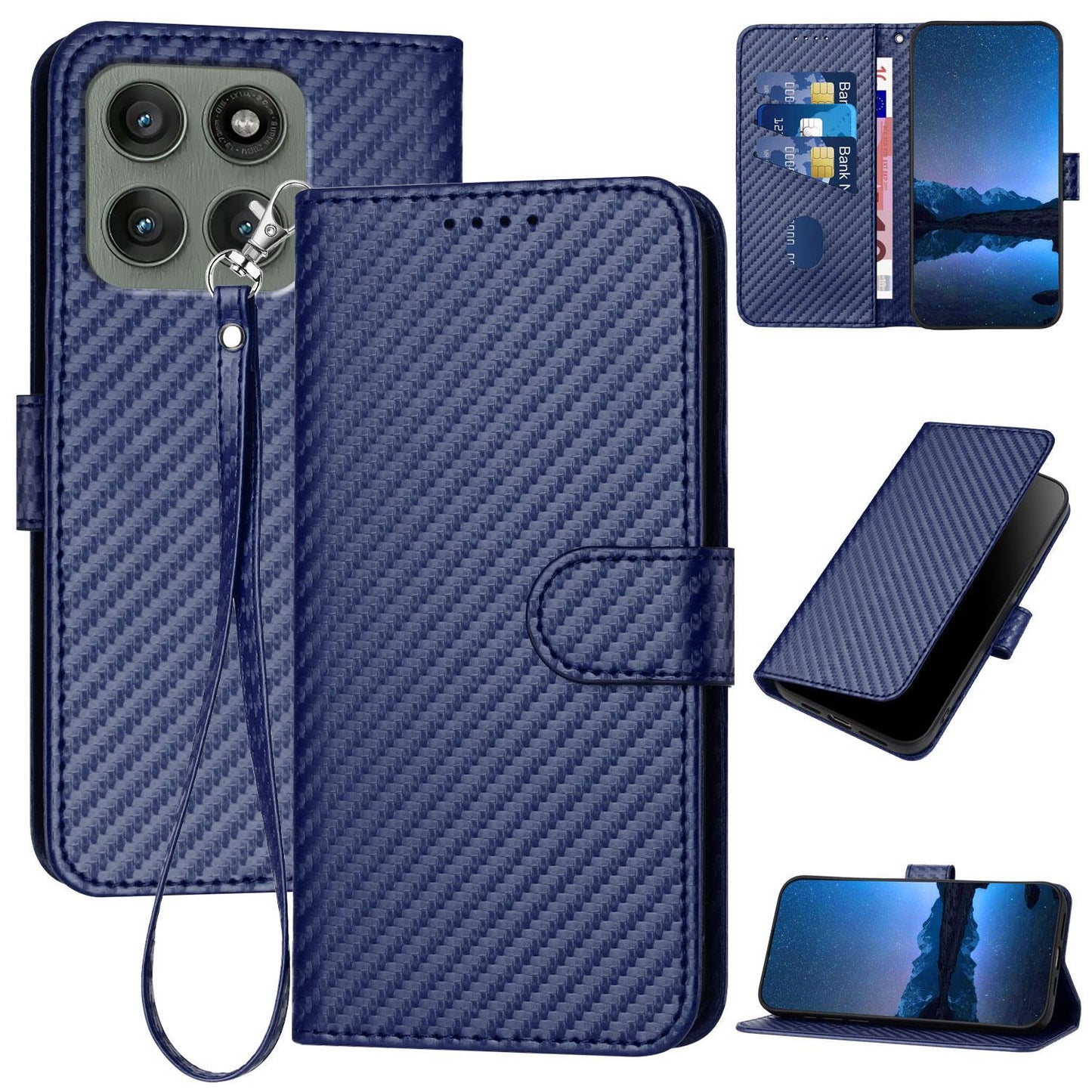 Motorola Edge 60 Pro Carbon Fiber Buckle Leather Phone Case with Lanyard, PU Leather TPU Wallet Cover with Card Slot, Cash Compartment, Stand Function & Scratch Protection