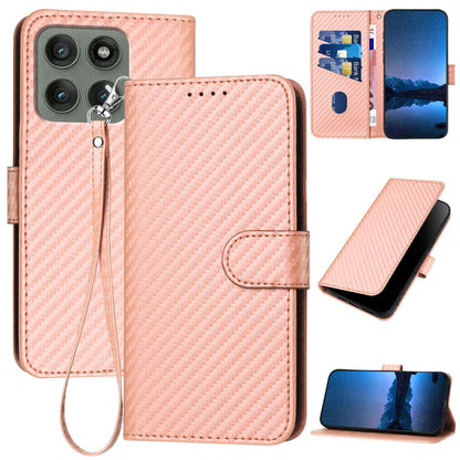 Motorola Edge 60 Pro Carbon Fiber Buckle Leather Phone Case with Lanyard, PU Leather TPU Wallet Cover with Card Slot, Cash Compartment, Stand Function & Scratch Protection