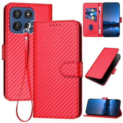 Motorola Edge 60 Carbon Fiber Buckle Leather Phone Case with Lanyard, PU Leather TPU Wallet Cover with Card Slot, Cash Compartment, Stand Function & Scratch Protection